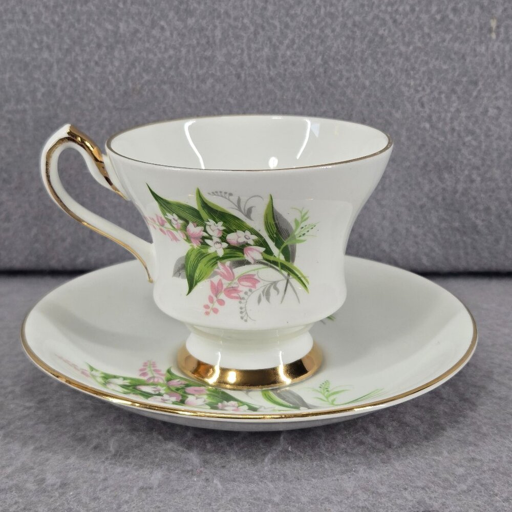 Coronation Bone China, England, Lily of the Valley Teacup & Saucer, Gold Edging